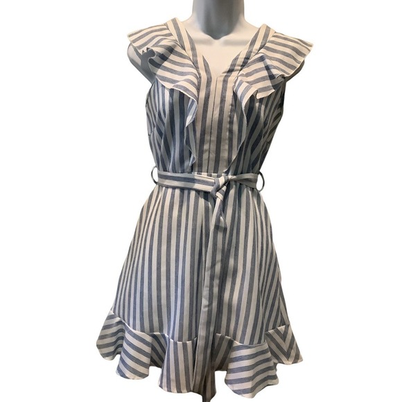 SHE + SKY BLUE AND WHITE STRIPE SLEEVELESS CHAMBRAY DRESS  L NWOT - Picture 3 of 9